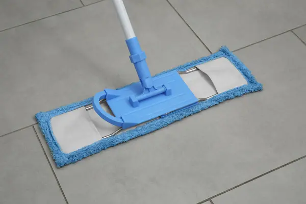 Cleaning Grey Tiled Floor Microfiber Mop Closeup — Stock Photo, Image