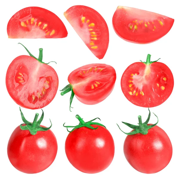 Zestaw Świeżych Dojrzałych Pomidorów Wiśniowych Izolowanych Białym — Zdjęcie stockowe