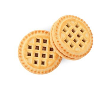 Kremalı lezzetli sandviç kurabiyeleri beyaza izole edilmiş, üst manzara