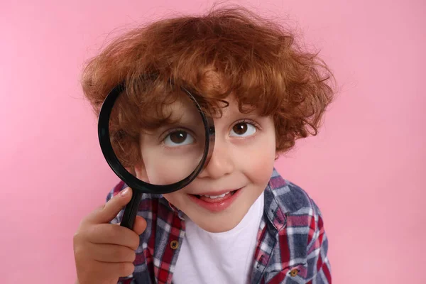 Cute Little Boy Looking Magnifier Glass Pink Background — Stock Photo, Image