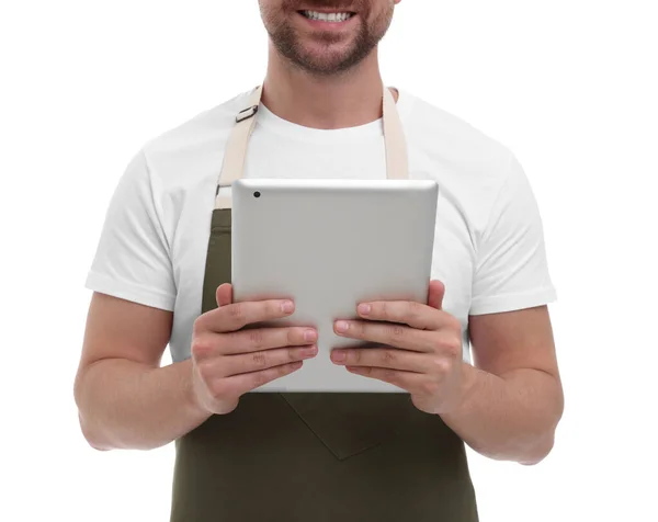 Glimlachende Man Met Tablet Witte Achtergrond Close — Stockfoto