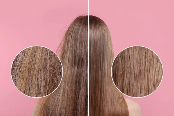 照片中的女性在接受粉红背景的理发前和理发后被分为两半 并进行了回顾 显示受损和健康线的缩放区域 — 图库照片