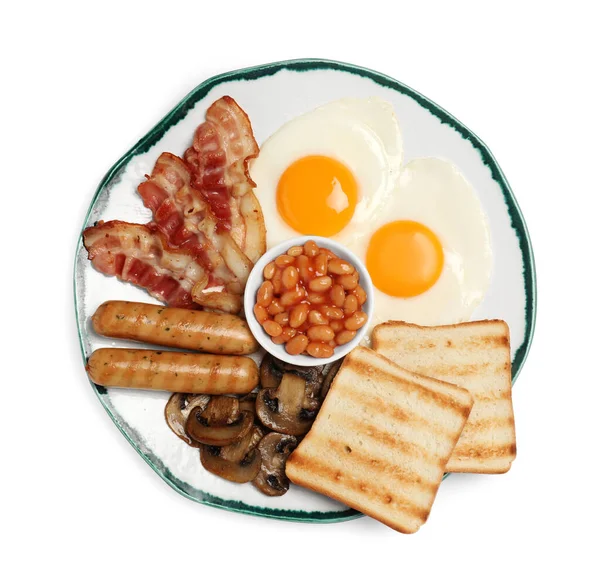 用油炸鸡蛋 熏肉和烤面包包在盘子里 上面是白色的 透视图 传统英语早餐 — 图库照片
