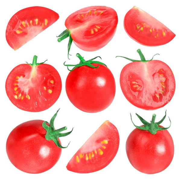 Conjunto Tomates Cherry Maduros Frescos Aislados Blanco — Foto de Stock