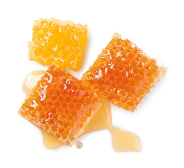 Naturliga Vaxkakor Med Välsmakande Honung Isolerad Vit Ovanifrån — Stockfoto