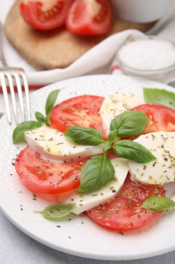 Bir tabak lezzetli Caprese salatası, masada bitkiler, yakın plan.