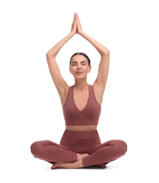 Beyaz Arka Planda Yoga Yapan Güzel Bir Genç Kadın Lotus — Stok fotoğraf