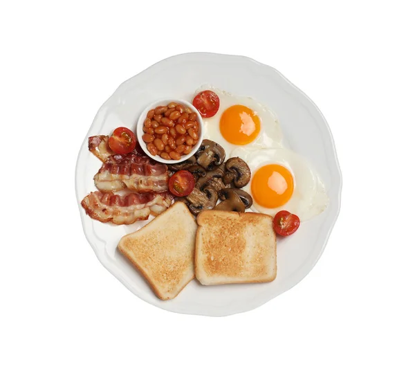 Talerz Jajkami Smażonymi Grzybami Fasolą Bekonem Pomidorami Tostami Izolowanymi Białym — Zdjęcie stockowe