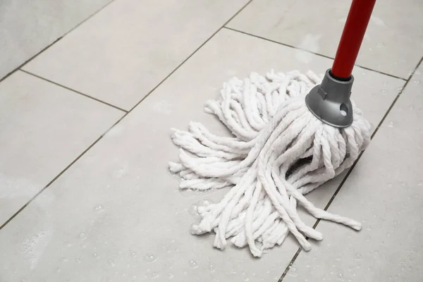 Cleaning Grey Tiled Floor String Mop Space Text — Stock Photo, Image