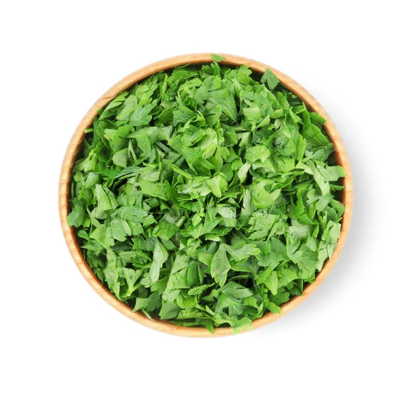 Chopped Parsley Leaves Wooden Bowl Isolated White Top View — Stock Photo, Image