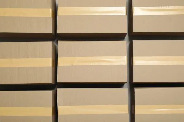 Mnoho Uzavřených Lepenkových Krabic Páskou Světle Šedém Pozadí Byt Ležel — Stock fotografie