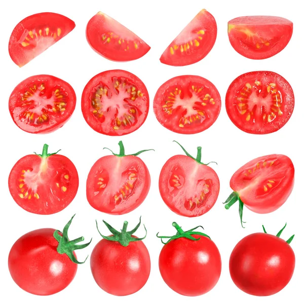 Zestaw Świeżych Dojrzałych Pomidorów Wiśniowych Izolowanych Białym — Zdjęcie stockowe