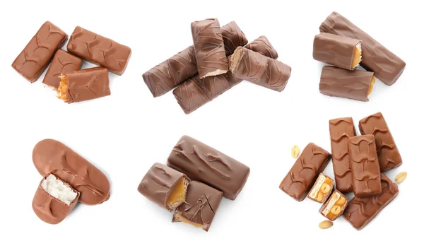 Conjunto Com Muitas Barras Chocolate Gostosas Isoladas Branco Vista Superior — Fotografia de Stock