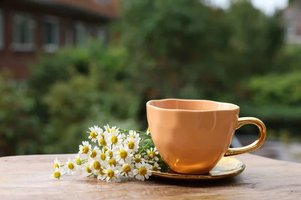 Cup Delicious Chamomile Tea Fresh Flowers Outdoors Space Text — Stock Photo, Image