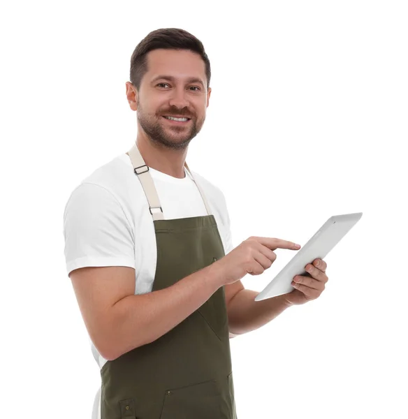 Χαμογελαστός Άνθρωπος Χρησιμοποιώντας Tablet Άσπρο Φόντο — Φωτογραφία Αρχείου