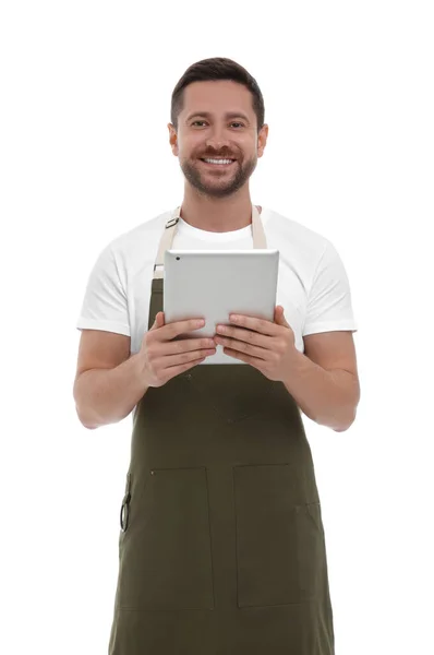 Glimlachende Man Met Tablet Witte Achtergrond — Stockfoto