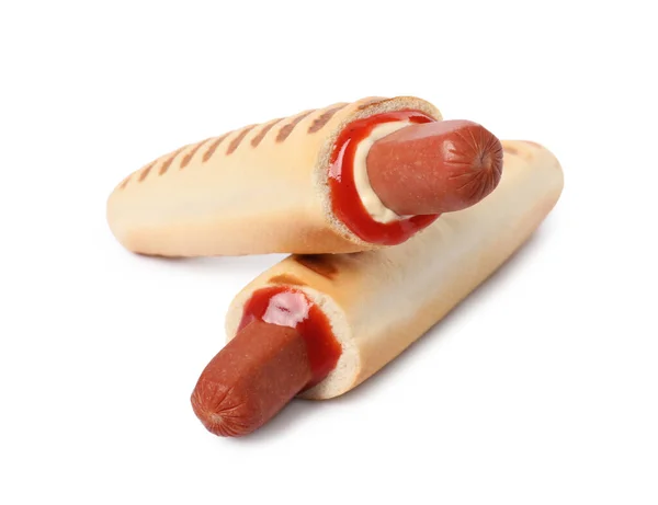 Lekkere Franse Hotdogs Met Saus Witte Achtergrond — Stockfoto