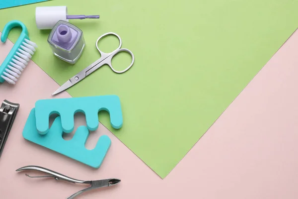 Set Van Pedicure Tools Kleur Achtergrond Plat Lay Ruimte Voor — Stockfoto