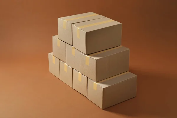 Stack Many Cardboard Boxes Brown Background — Stock Photo, Image