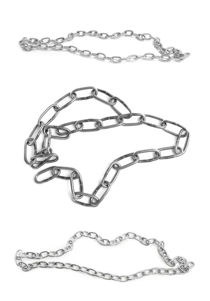 Zestaw Różnymi Metalowymi Łańcuchami Izolowanymi Białym — Zdjęcie stockowe