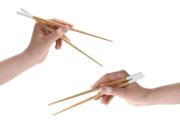 Woman Holding Chopsticks Isolated White Closeup Collage Photos — Stock Photo, Image