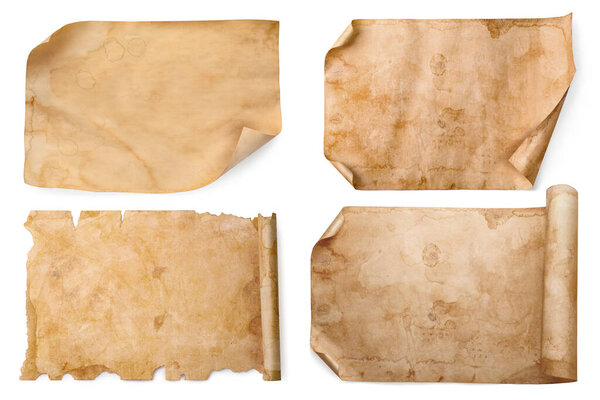 Set with parchments isolated on white. Aged sheets of paper