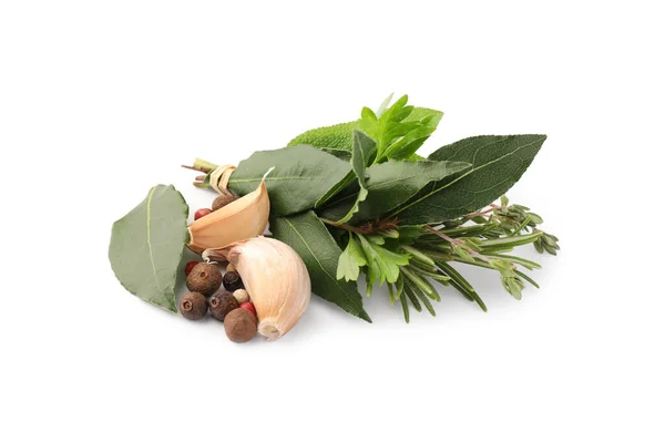 Bundle Aromatic Bay Leaves Different Herbs Spices Isolated White — Stock Photo, Image