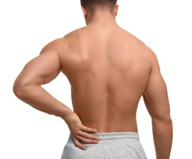 Man suffering from back pain on white background, back view clipart