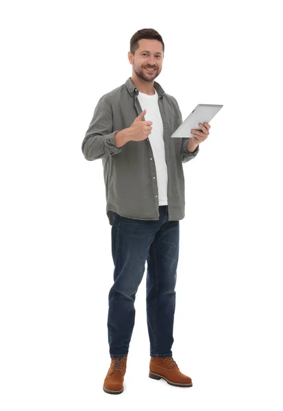 Ευτυχισμένος Άνθρωπος Tablet Που Δείχνει Τον Αντίχειρα Επάνω Λευκό Φόντο — Φωτογραφία Αρχείου