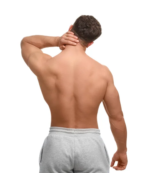 Man Suffering Neck Pain White Background Back View — Zdjęcie stockowe