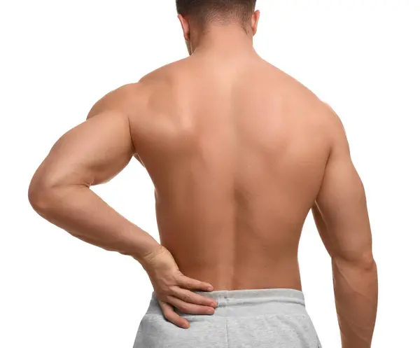Hombre Que Sufre Dolor Espalda Sobre Fondo Blanco Vista Posterior —  Fotos de Stock