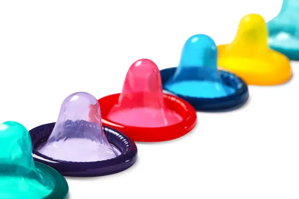 Colorful Condoms Isolated White Closeup Safe Sex — Stock Photo, Image