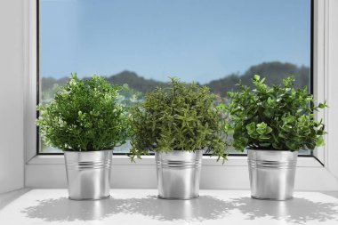 Suni tencere kenarında güneşli bir günde suni saksı bitkileri. Ev dekoru