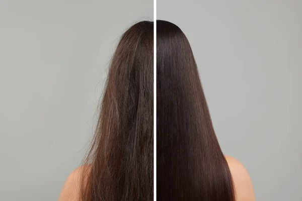 照片中的女性在头发处理前后在灰色背景下被分为两半 — 图库照片
