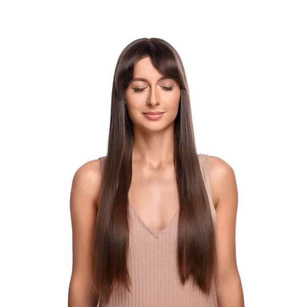 Styling Vlasy Krásná Žena Rovnými Dlouhými Vlasy Bílém Pozadí — Stock fotografie