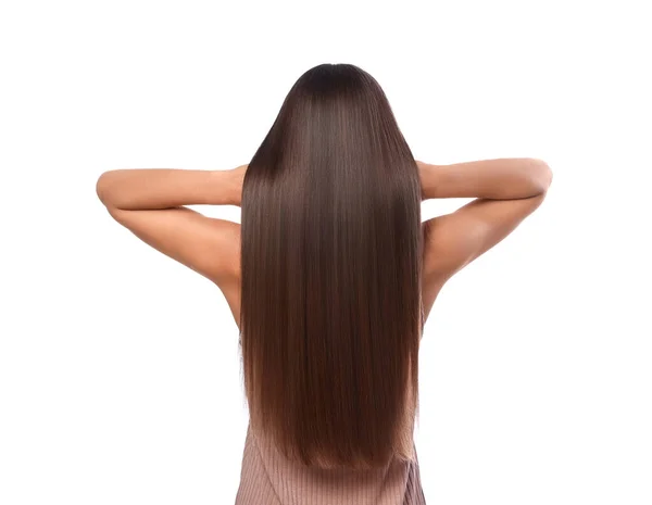 Saç Şekillendirme Beyaz Arka Planda Düz Uzun Saçlı Bir Kadın — Stok fotoğraf