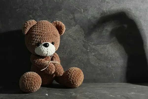 Stop Child Abuse Tied Toy Bear Scary Shadow Dark Room — Stock Photo, Image
