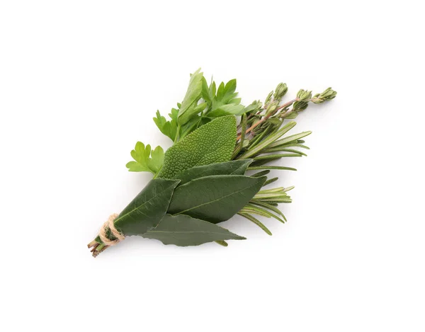 Bundle Aromatic Bay Leaves Different Herbs Isolated White Top View — Stock Photo, Image
