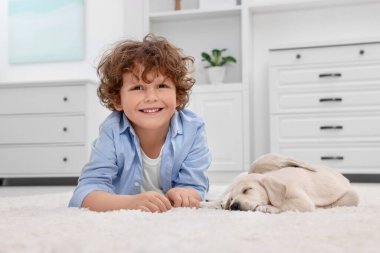 Evdeki beyaz halıda sevimli köpek yavrularıyla uzanan küçük çocuk.