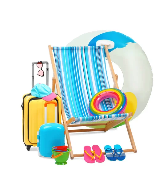 Deck Chair Inflatable Ring Suitcases Beach Accessories Isolated White — Stock Photo, Image
