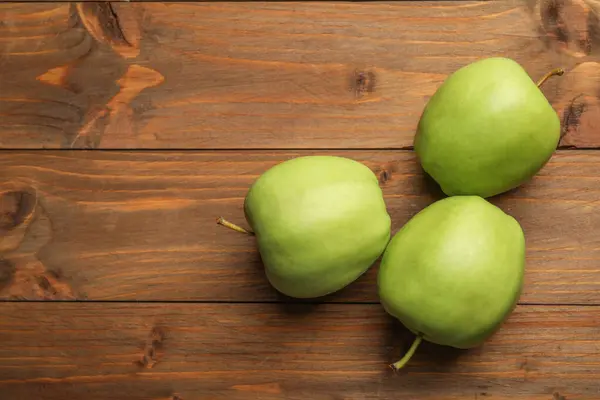 Fresh Green Apples Wooden Table Flat Lay Space Text — Stock Photo, Image