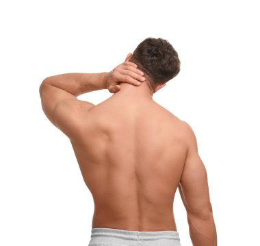 Man suffering from neck pain on white background, back view clipart