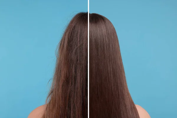 ライトブルーの背景 バックビューで髪の治療の前後に半分に分割された女性の写真 — ストック写真