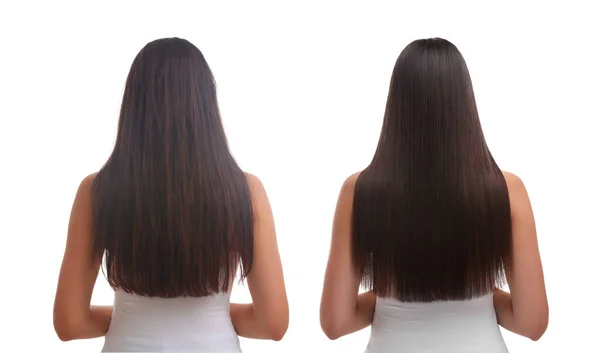白い背景の髪の治療の前後に女性 バックビュー 損傷した健康な髪を示すコラージュ — ストック写真