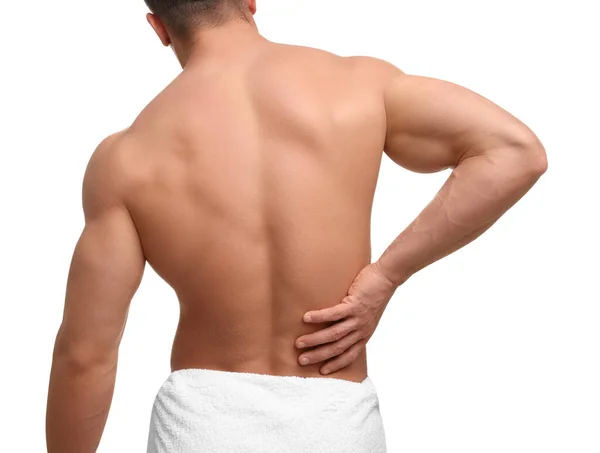 Mann Mit Rückenschmerzen Auf Weißem Hintergrund Rückenansicht — Stockfoto