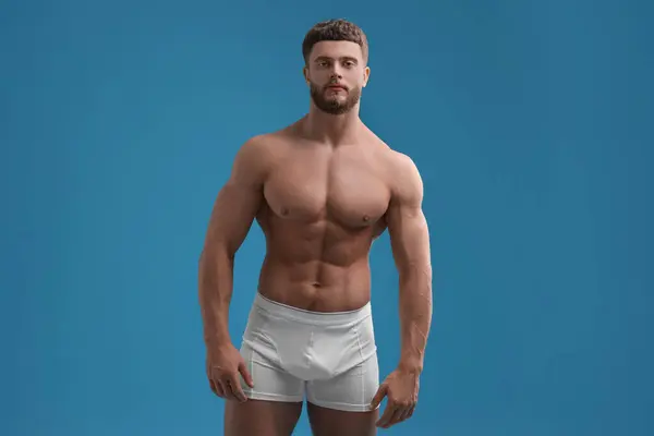Handsome Muscular Man Light Blue Background Sexy Body — Stock Photo, Image