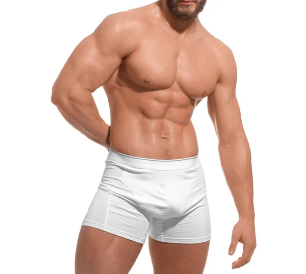 肌肉男子显示腹肌孤立在白色的 性感的身体 — 图库照片