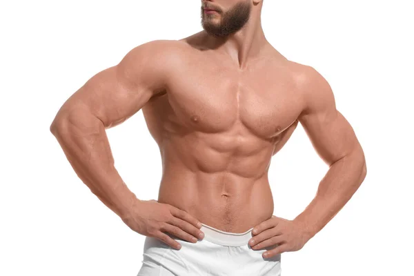 Homem Musculoso Mostrando Abdominais Isolados Branco Close Corpo Sexy — Fotografia de Stock