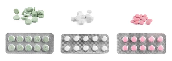Set Con Molte Pillole Diverse Isolate Bianco — Foto Stock
