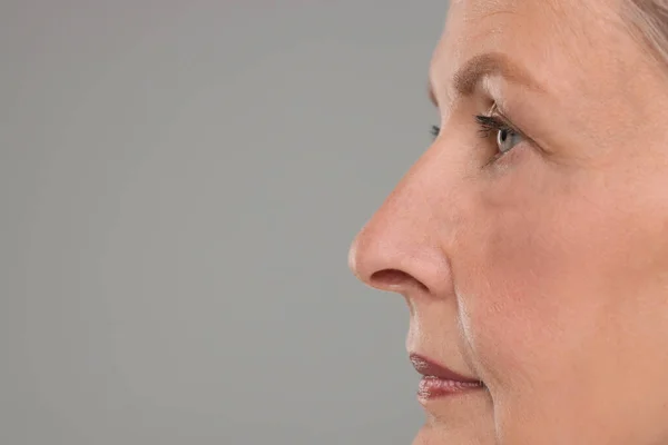 Senior Woman Aging Skin Grey Background Closeup Space Text Rejuvenation — Stock Photo, Image